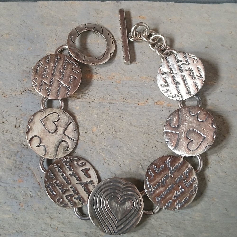 Vtg Sterling Silver Modern Love Token Coin Disc Bracelet Handcrafted OOAK Hearts